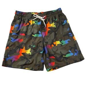 Men's Rainbow Camo Swim Trunks Size Small Mesh Brief Lining Drawstring Elastic